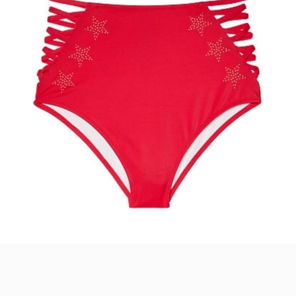 PINK Victoria Secret Swim High-Waist Bikini Bottom Strappy Lipstick Red Star LG